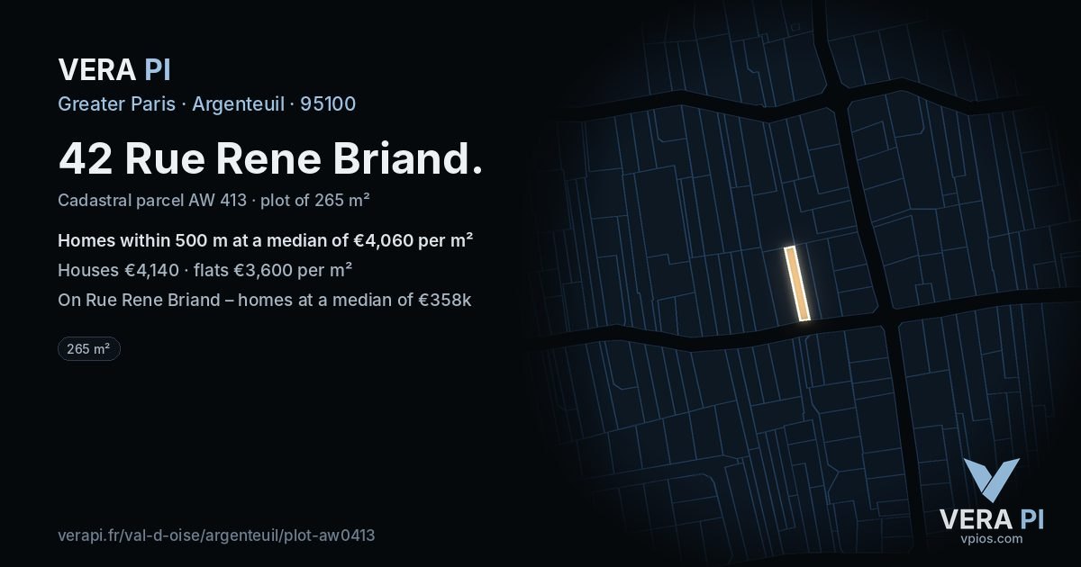 42 Rue Rene Briand, Argenteuil at night – the plot lit, the parcels around coloured by the prices near them