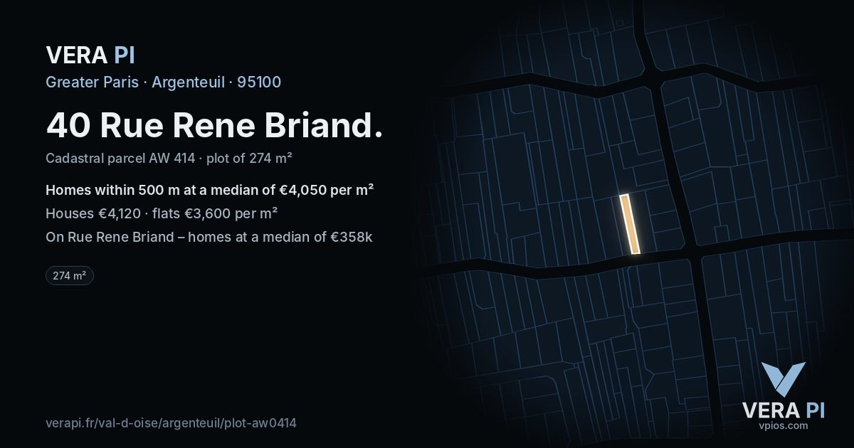 40 Rue Rene Briand, Argenteuil at night – the plot lit, the parcels around coloured by the prices near them