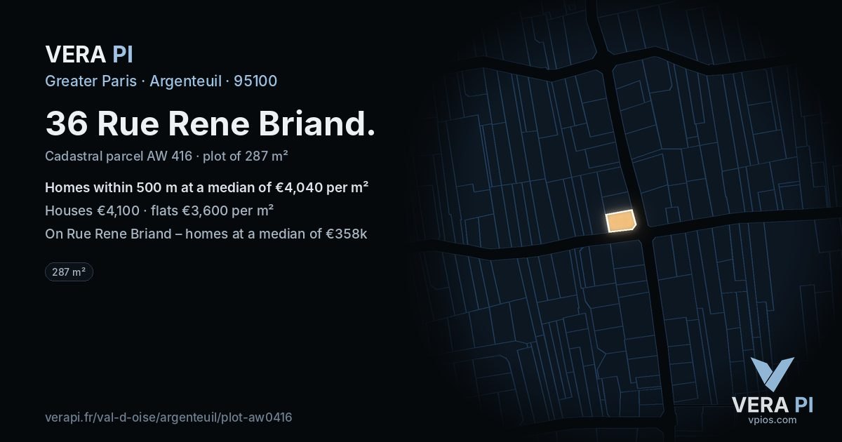 36 Rue Rene Briand, Argenteuil at night – the plot lit, the parcels around coloured by the prices near them