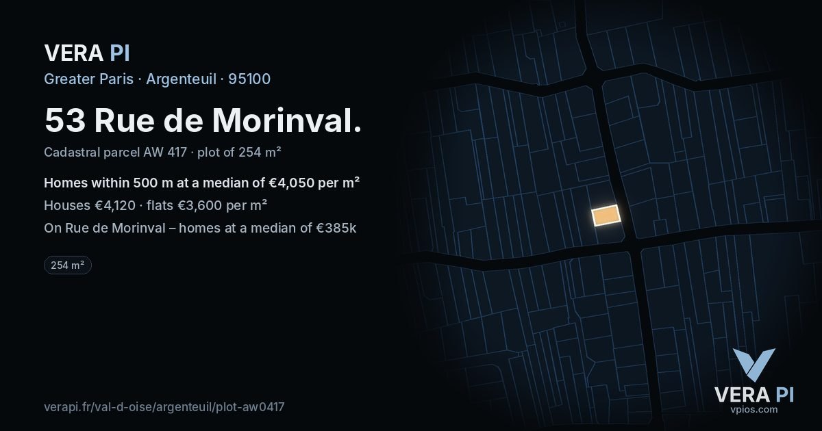 53 Rue de Morinval, Argenteuil at night – the plot lit, the parcels around coloured by the prices near them