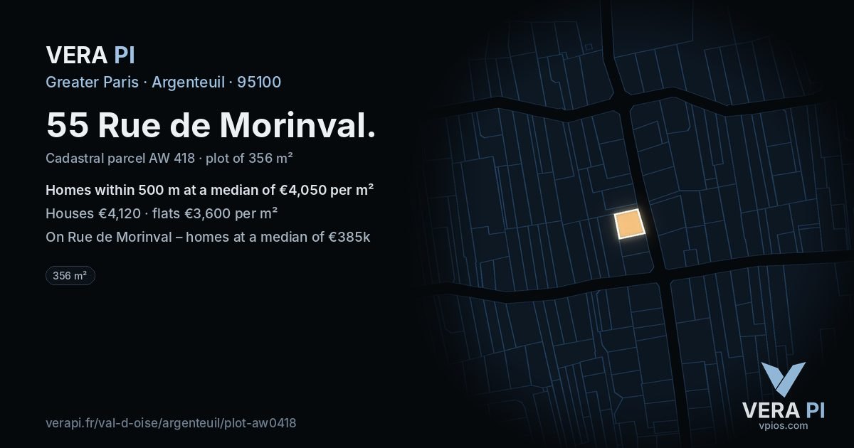 55 Rue de Morinval, Argenteuil at night – the plot lit, the parcels around coloured by the prices near them
