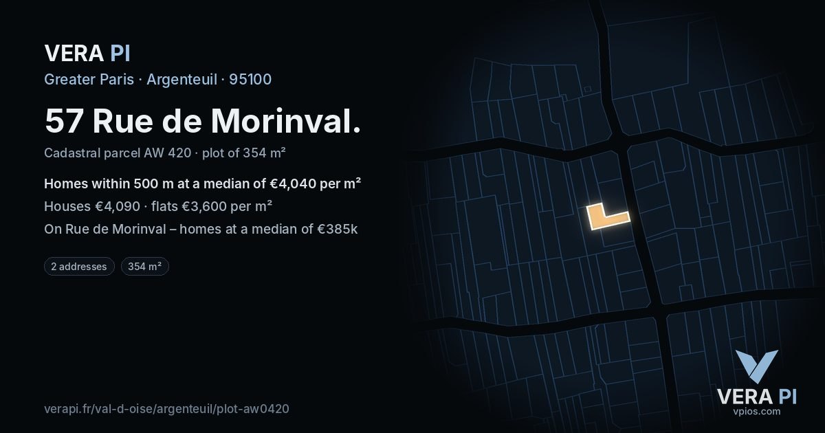 57 Rue de Morinval, Argenteuil at night – the plot lit, the parcels around coloured by the prices near them