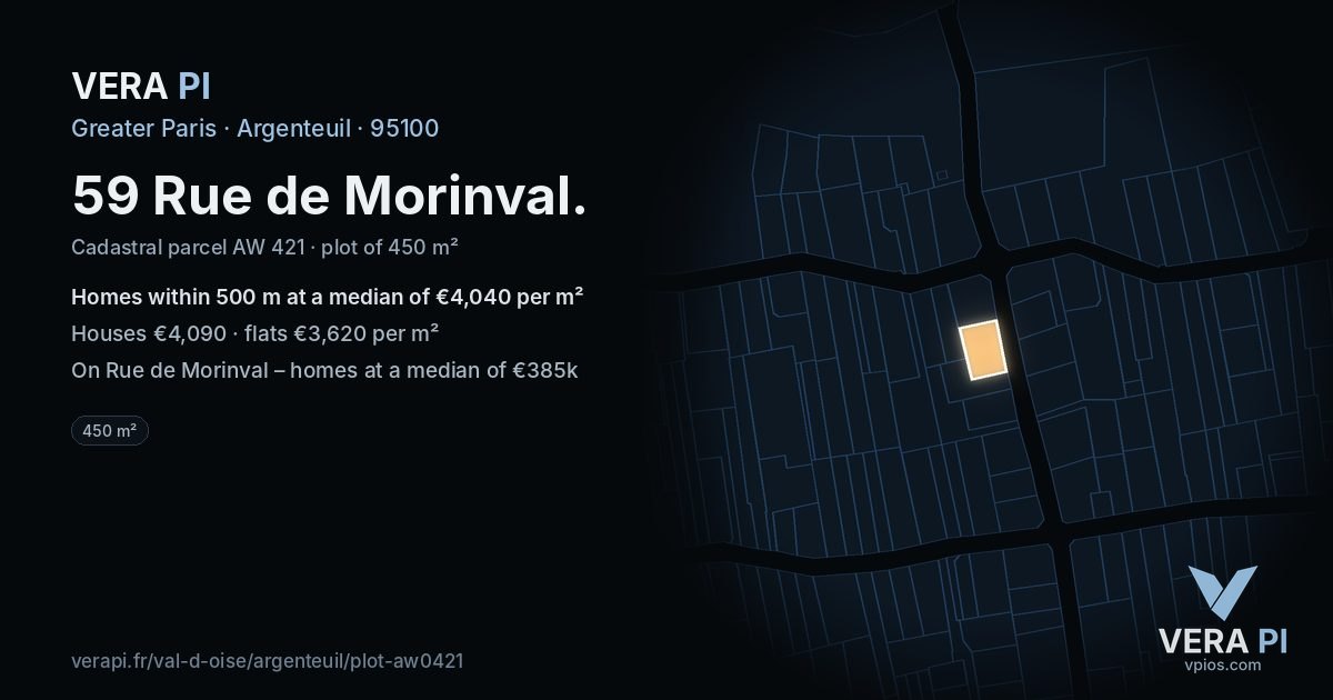59 Rue de Morinval, Argenteuil at night – the plot lit, the parcels around coloured by the prices near them