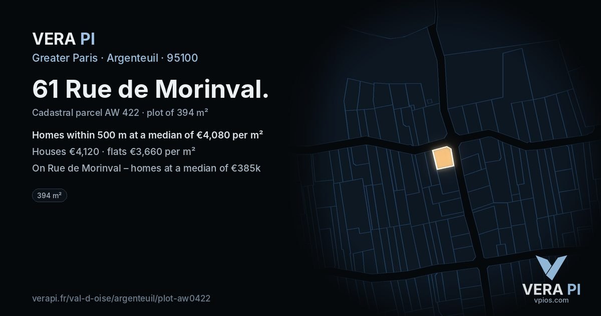 61 Rue de Morinval, Argenteuil at night – the plot lit, the parcels around coloured by the prices near them