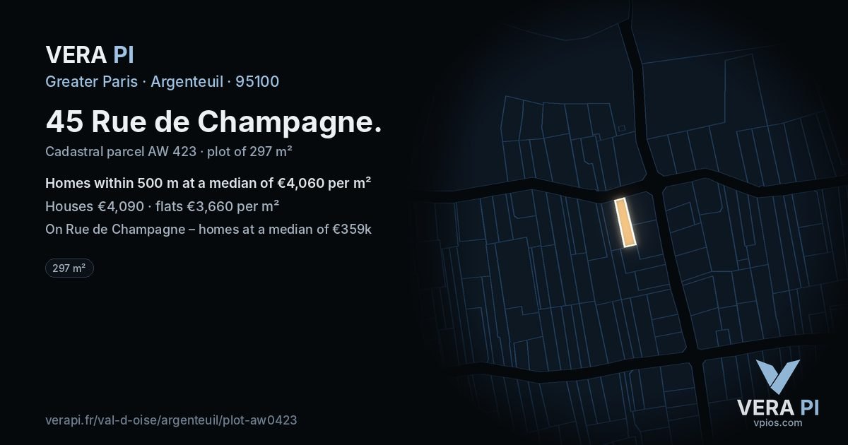 45 Rue de Champagne, Argenteuil at night – the plot lit, the parcels around coloured by the prices near them