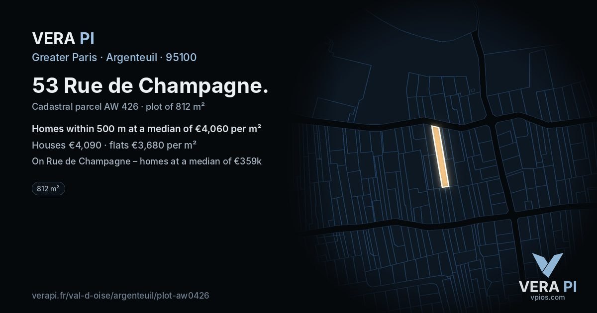53 Rue de Champagne, Argenteuil at night – the plot lit, the parcels around coloured by the prices near them