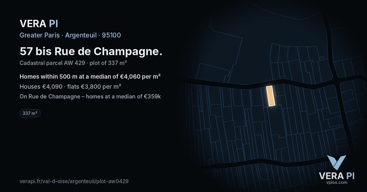 57 bis Rue de Champagne, Argenteuil at night – the plot lit, the parcels around coloured by the prices near them