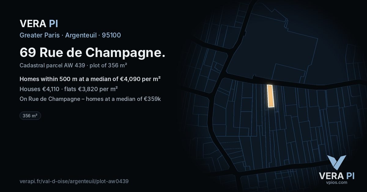 69 Rue de Champagne, Argenteuil at night – the plot lit, the parcels around coloured by the prices near them