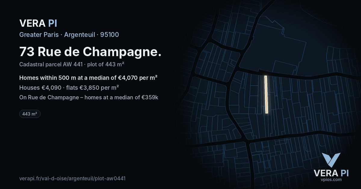 73 Rue de Champagne, Argenteuil at night – the plot lit, the parcels around coloured by the prices near them
