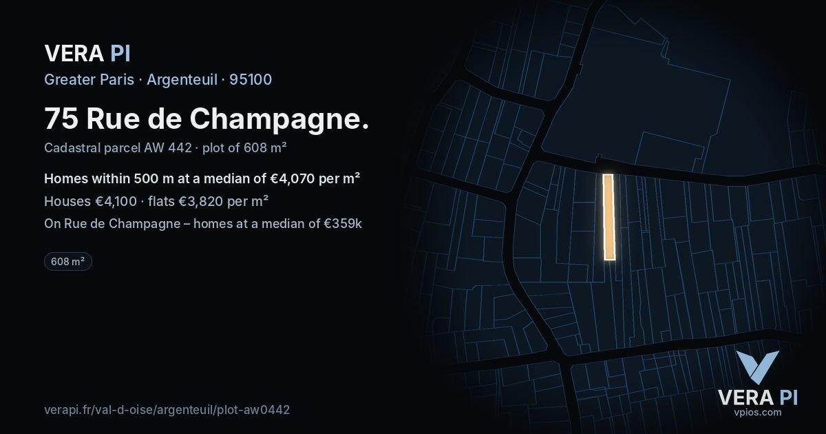 75 Rue de Champagne, Argenteuil at night – the plot lit, the parcels around coloured by the prices near them
