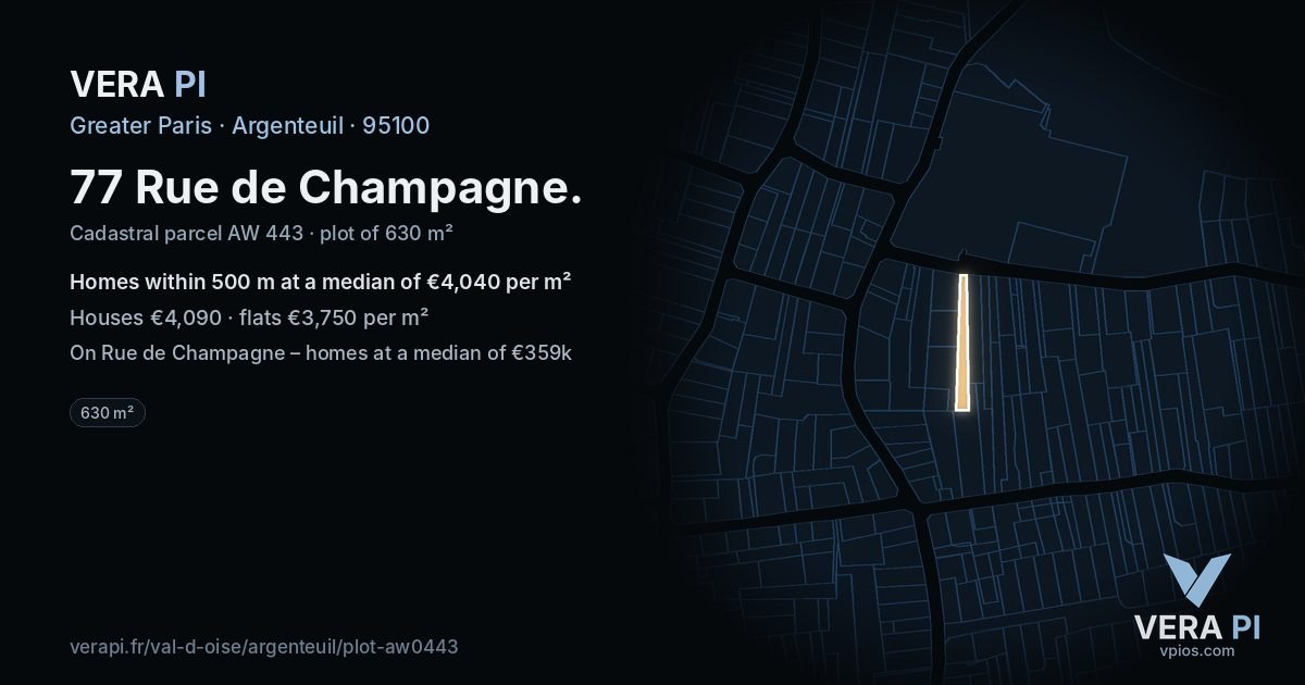 77 Rue de Champagne, Argenteuil at night – the plot lit, the parcels around coloured by the prices near them