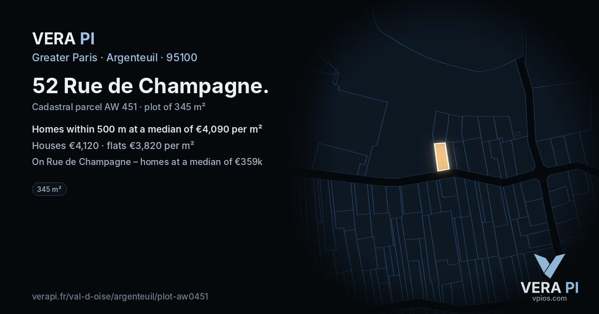 52 Rue de Champagne, Argenteuil at night – the plot lit, the parcels around coloured by the prices near them