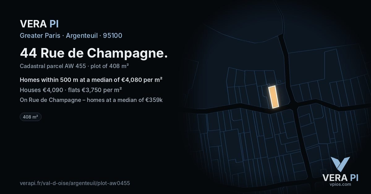 44 Rue de Champagne, Argenteuil at night – the plot lit, the parcels around coloured by the prices near them