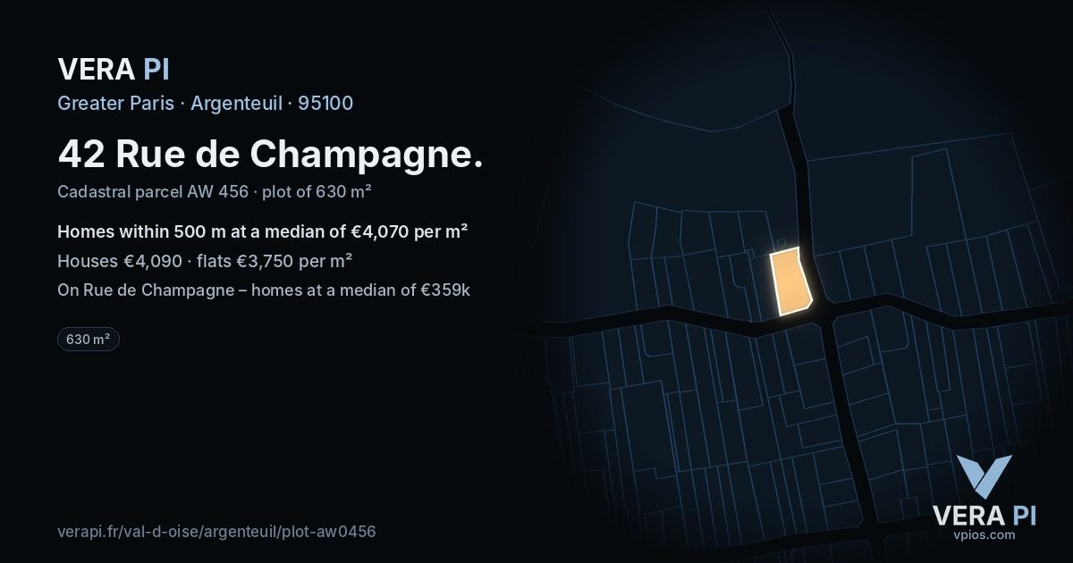 42 Rue de Champagne, Argenteuil at night – the plot lit, the parcels around coloured by the prices near them