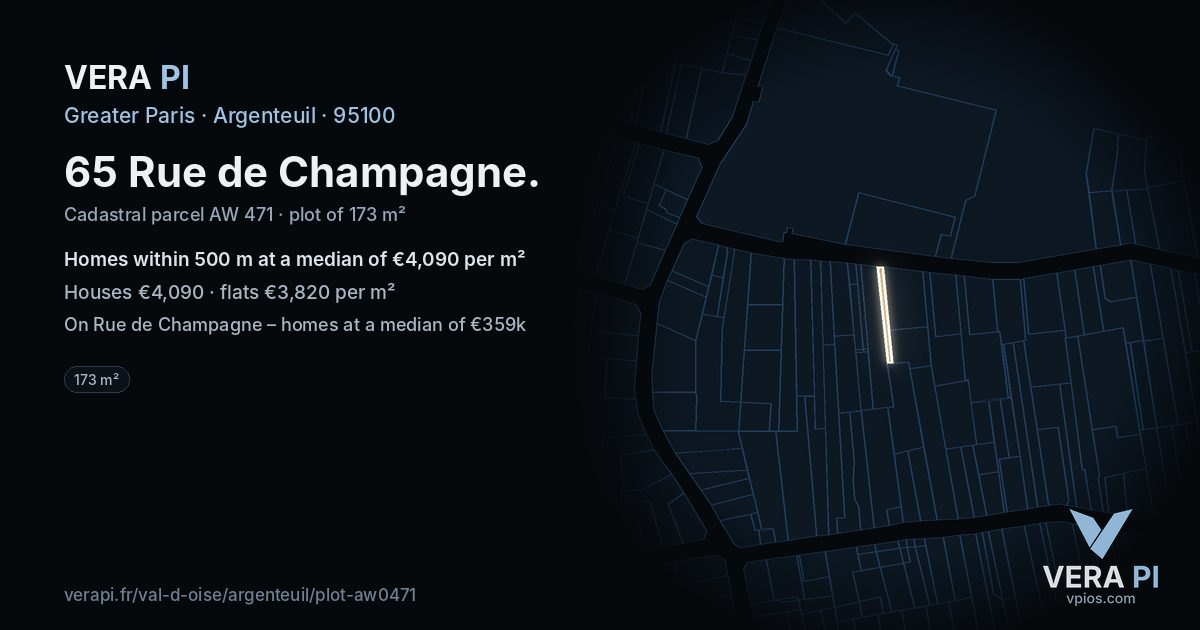 65 Rue de Champagne, Argenteuil at night – the plot lit, the parcels around coloured by the prices near them