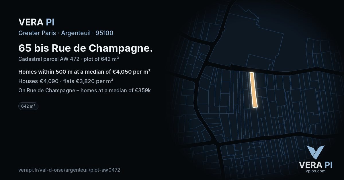 65 bis Rue de Champagne, Argenteuil at night – the plot lit, the parcels around coloured by the prices near them