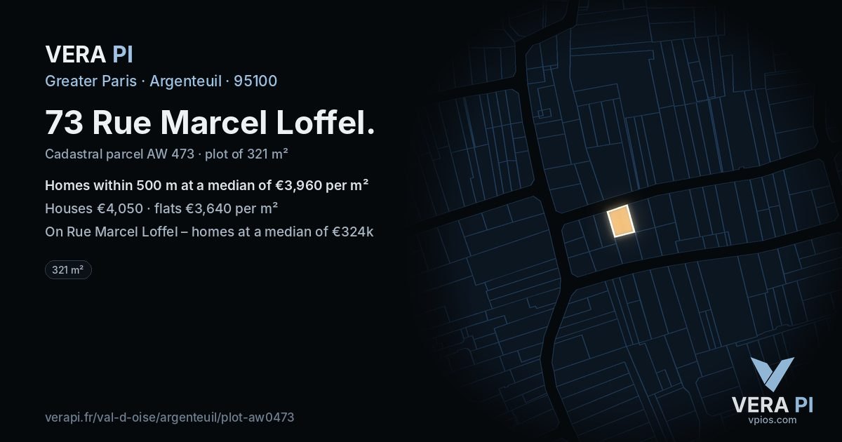 73 Rue Marcel Loffel, Argenteuil at night – the plot lit, the parcels around coloured by the prices near them