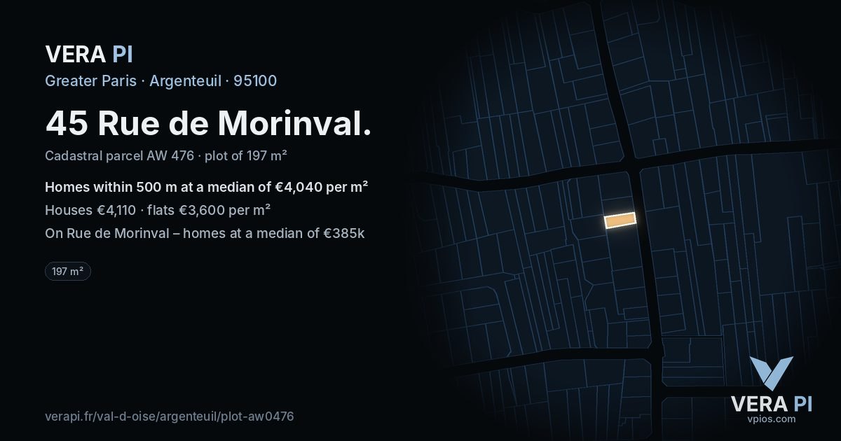 45 Rue de Morinval, Argenteuil at night – the plot lit, the parcels around coloured by the prices near them