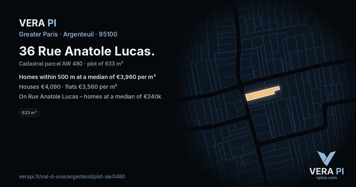36 Rue Anatole Lucas, Argenteuil at night – the plot lit, the parcels around coloured by the prices near them