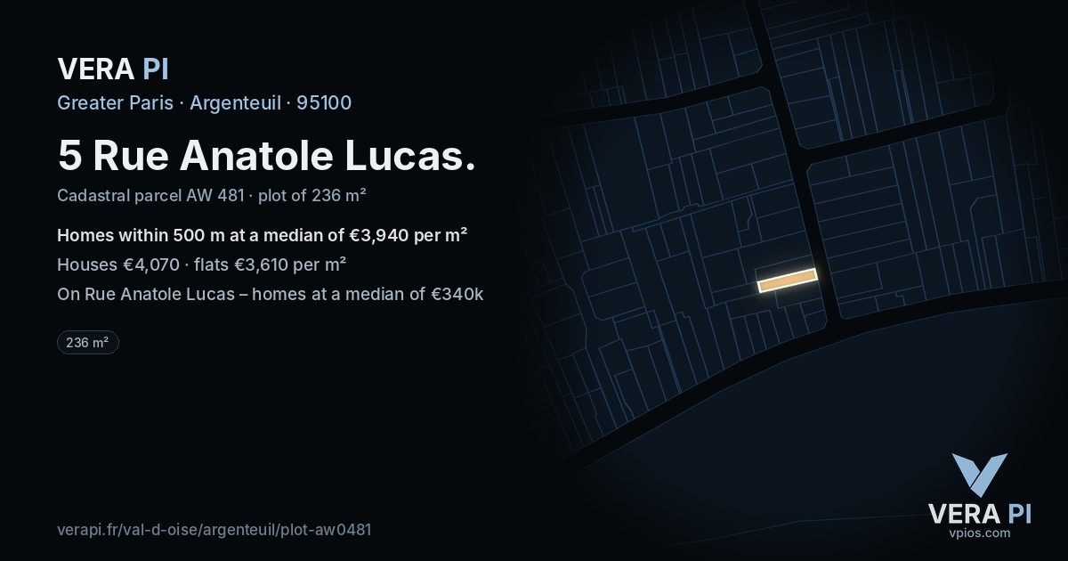 5 Rue Anatole Lucas, Argenteuil at night – the plot lit, the parcels around coloured by the prices near them
