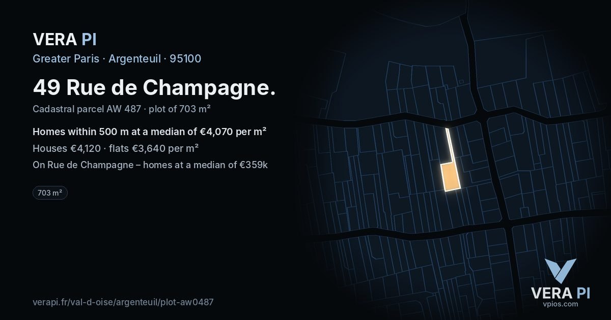 49 Rue de Champagne, Argenteuil at night – the plot lit, the parcels around coloured by the prices near them