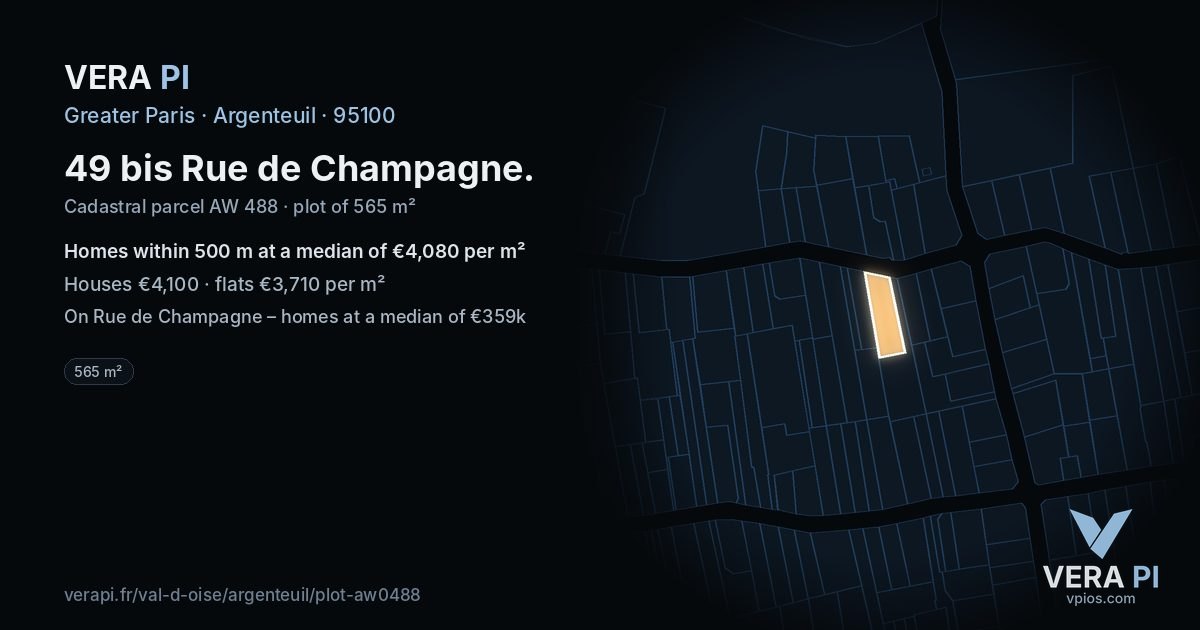 49 bis Rue de Champagne, Argenteuil at night – the plot lit, the parcels around coloured by the prices near them