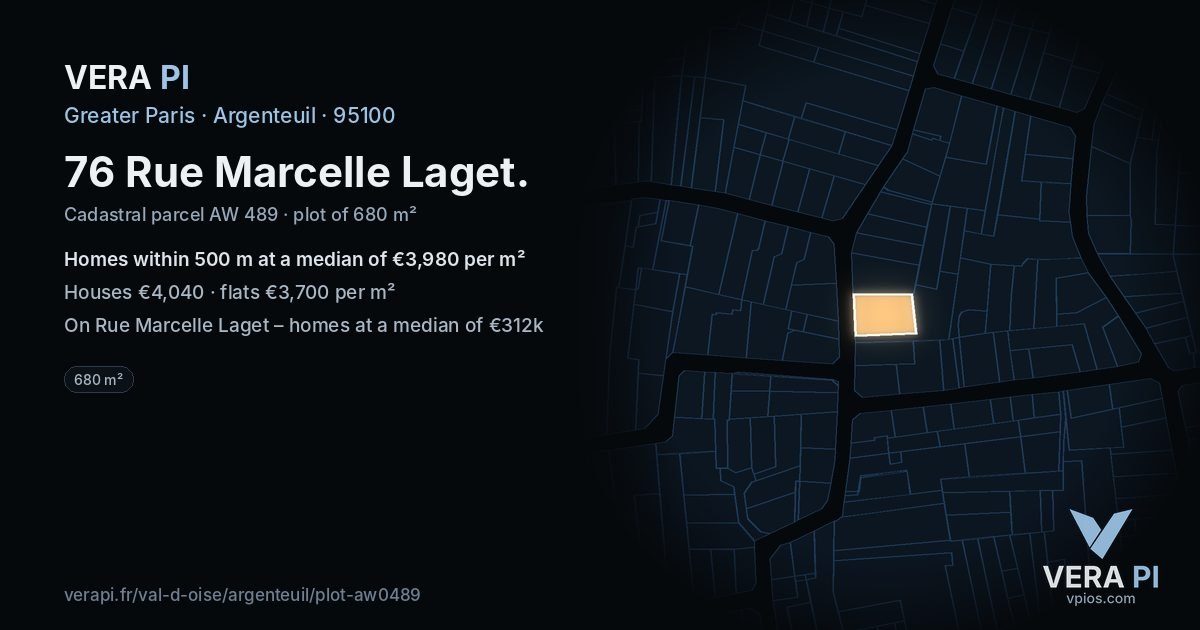 76 Rue Marcelle Laget, Argenteuil at night – the plot lit, the parcels around coloured by the prices near them