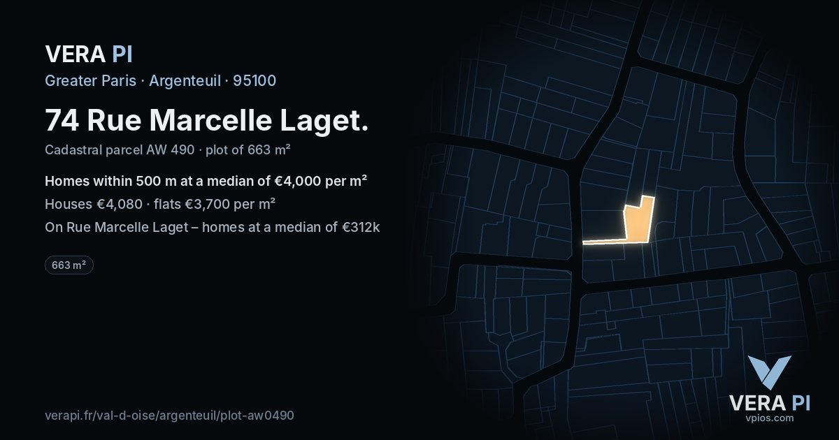 74 Rue Marcelle Laget, Argenteuil at night – the plot lit, the parcels around coloured by the prices near them