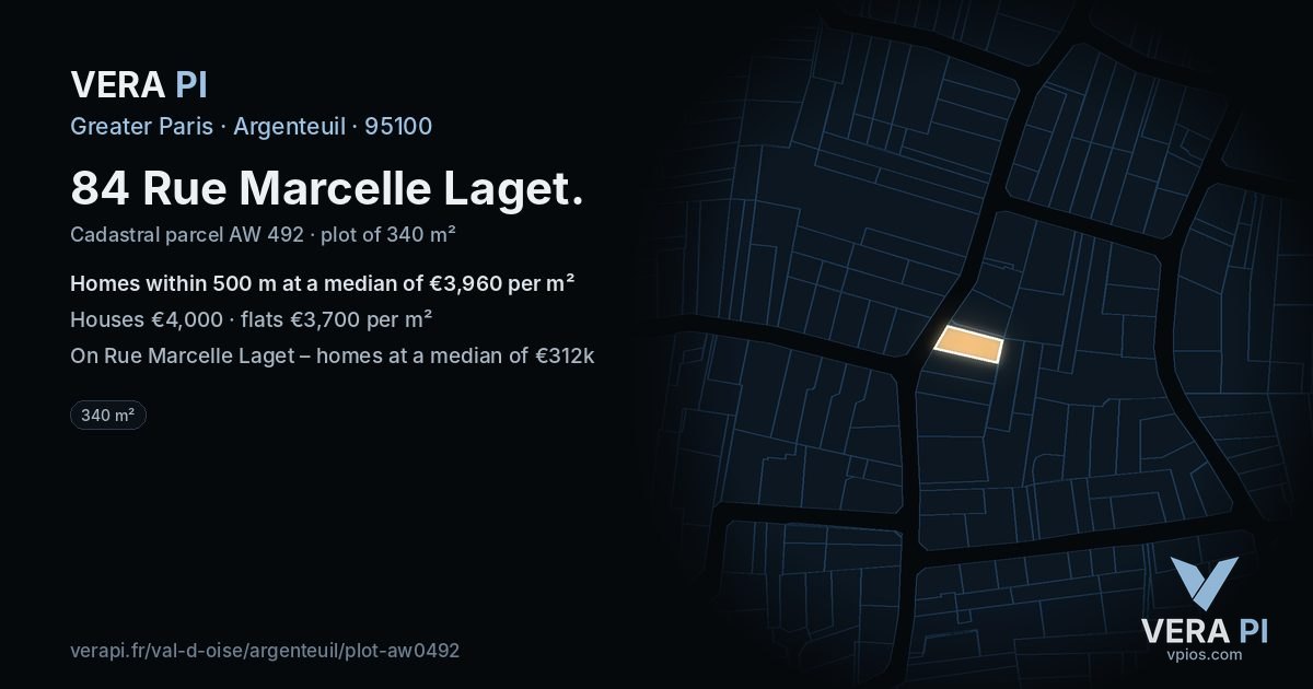 84 Rue Marcelle Laget, Argenteuil at night – the plot lit, the parcels around coloured by the prices near them