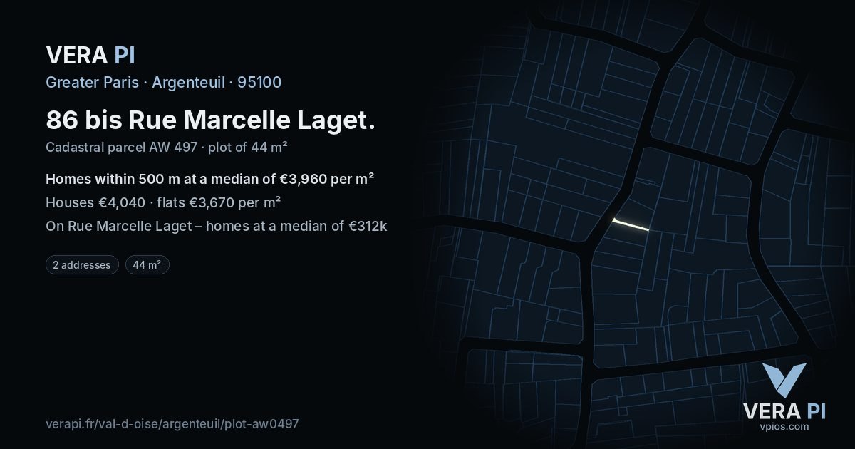 86 bis Rue Marcelle Laget, Argenteuil at night – the plot lit, the parcels around coloured by the prices near them