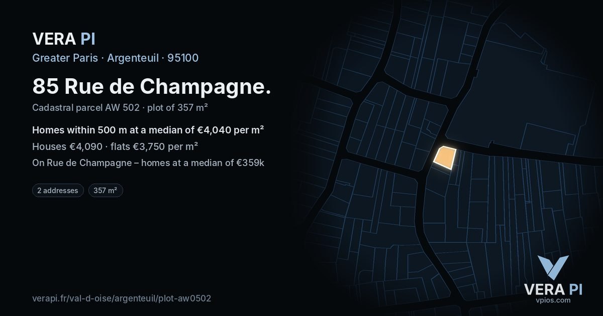 85 Rue de Champagne, Argenteuil at night – the plot lit, the parcels around coloured by the prices near them