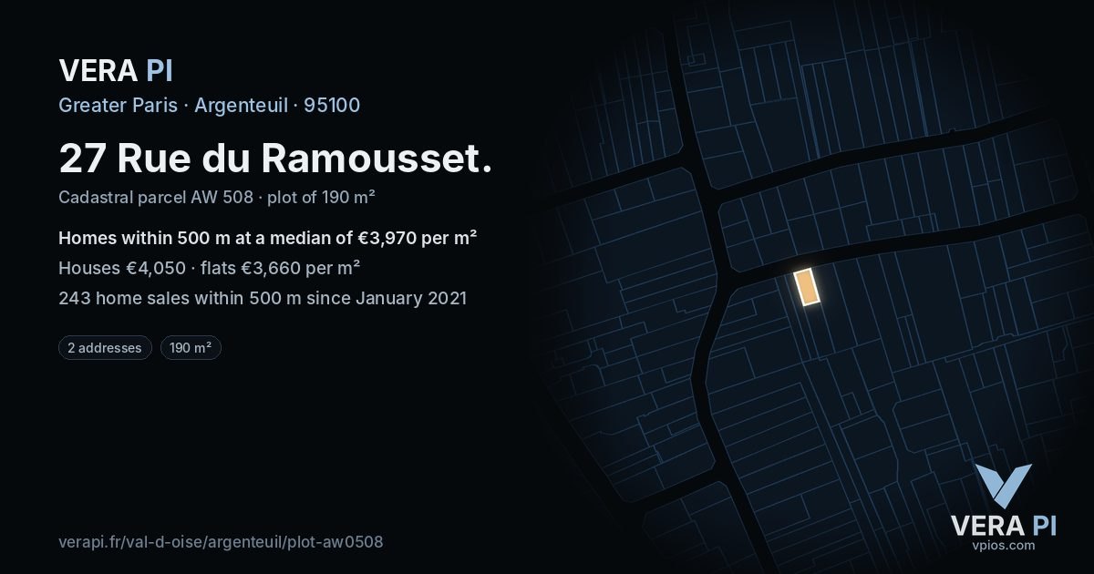 27 Rue du Ramousset, Argenteuil at night – the plot lit, the parcels around coloured by the prices near them
