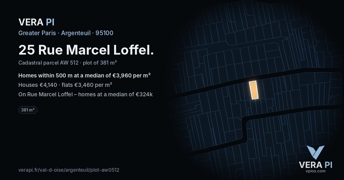 25 Rue Marcel Loffel, Argenteuil at night – the plot lit, the parcels around coloured by the prices near them