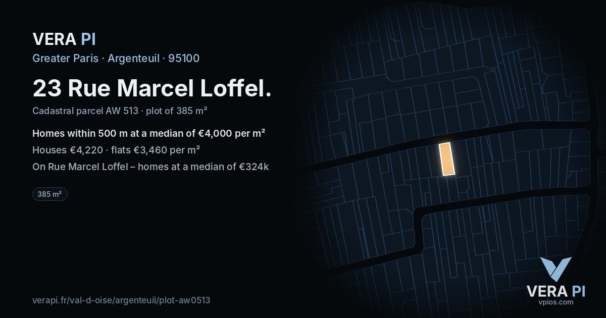 23 Rue Marcel Loffel, Argenteuil at night – the plot lit, the parcels around coloured by the prices near them