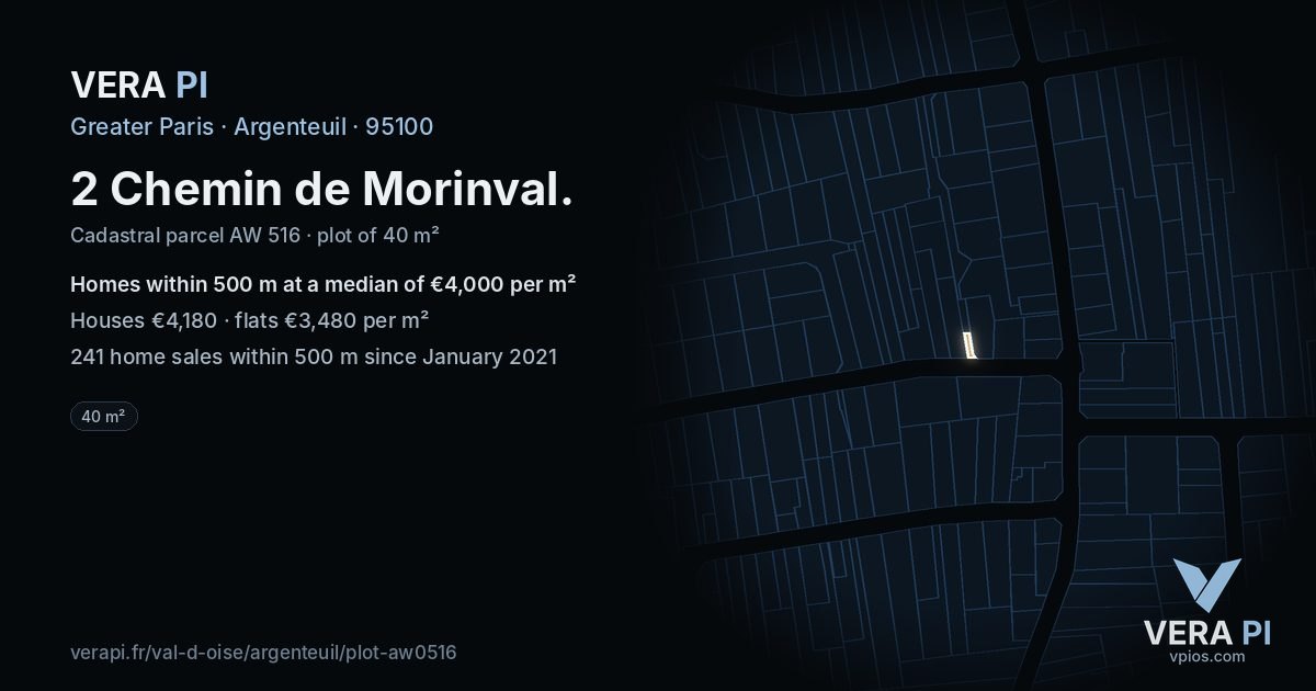 2 Chemin de Morinval, Argenteuil at night – the plot lit, the parcels around coloured by the prices near them