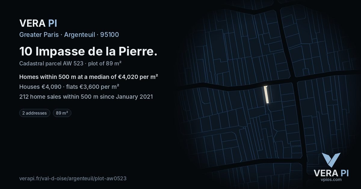 10 Impasse de la Pierre, Argenteuil at night – the plot lit, the parcels around coloured by the prices near them