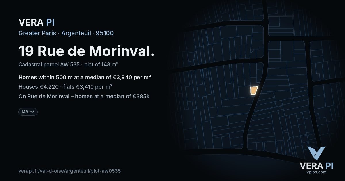 19 Rue de Morinval, Argenteuil at night – the plot lit, the parcels around coloured by the prices near them