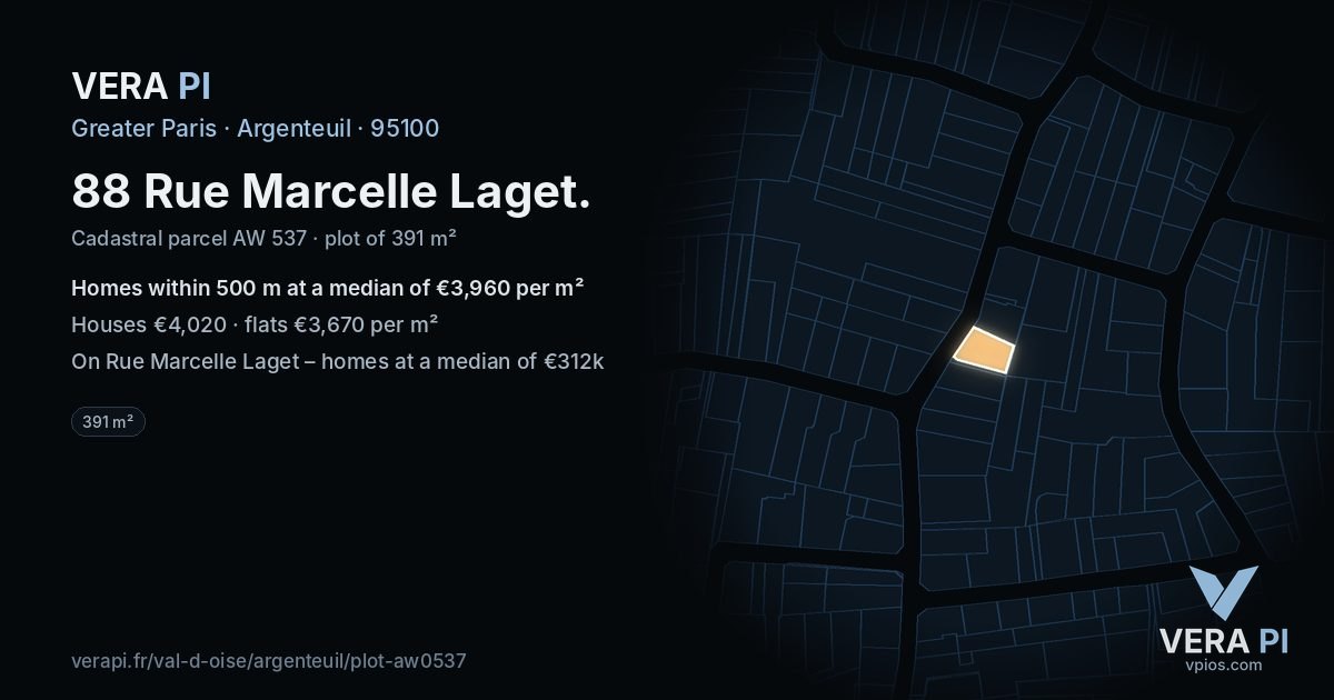 88 Rue Marcelle Laget, Argenteuil at night – the plot lit, the parcels around coloured by the prices near them