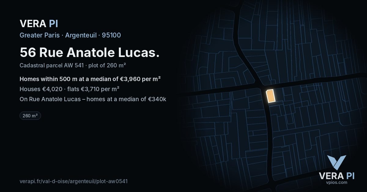 56 Rue Anatole Lucas, Argenteuil at night – the plot lit, the parcels around coloured by the prices near them