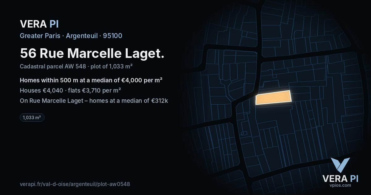 56 Rue Marcelle Laget, Argenteuil at night – the plot lit, the parcels around coloured by the prices near them