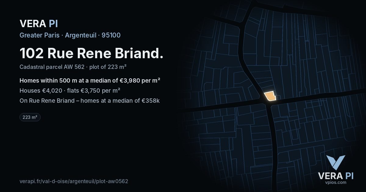 102 Rue Rene Briand, Argenteuil at night – the plot lit, the parcels around coloured by the prices near them