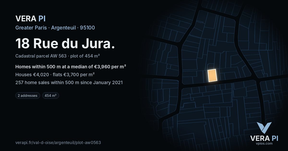 18 Rue du Jura, Argenteuil at night – the plot lit, the parcels around coloured by the prices near them