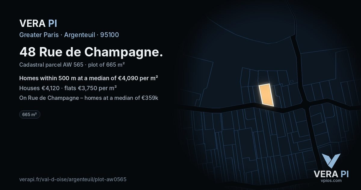 48 Rue de Champagne, Argenteuil at night – the plot lit, the parcels around coloured by the prices near them