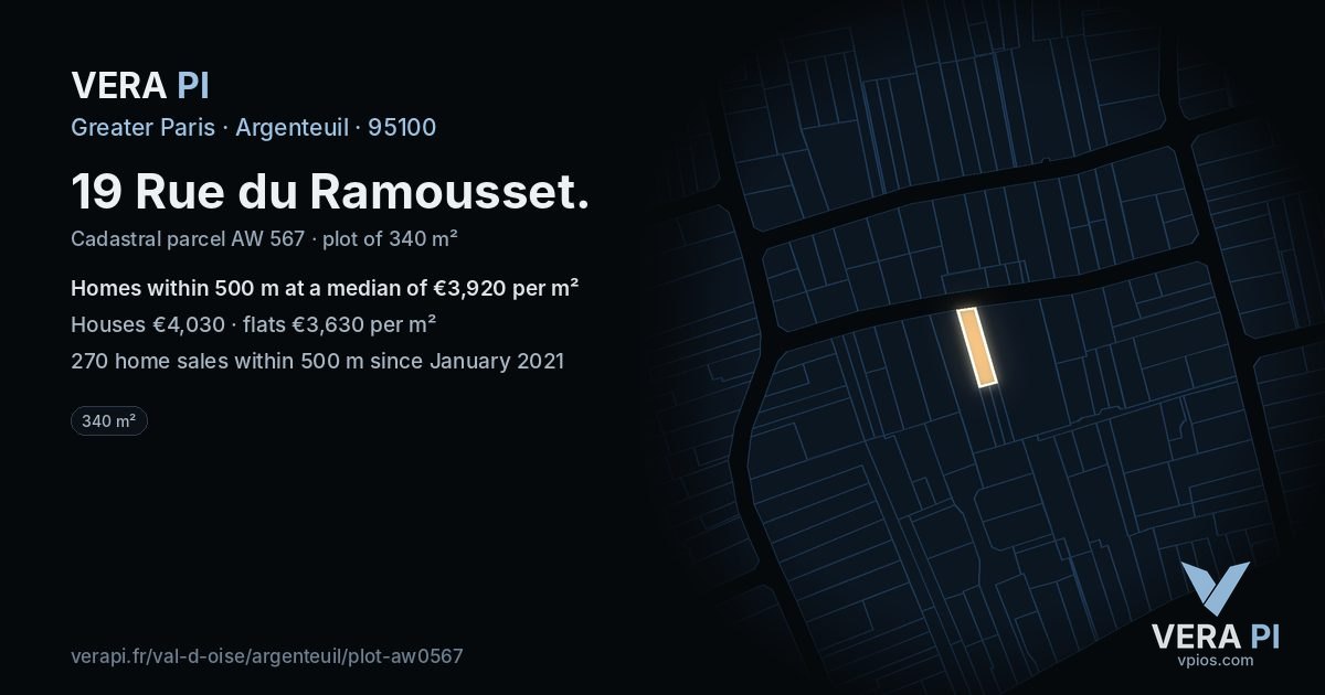 19 Rue du Ramousset, Argenteuil at night – the plot lit, the parcels around coloured by the prices near them