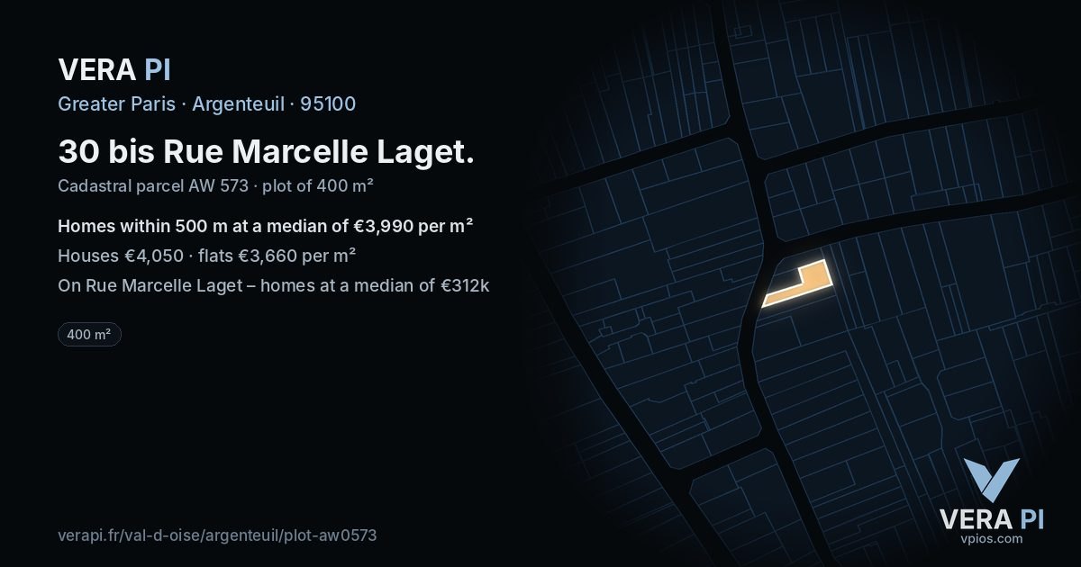 30 bis Rue Marcelle Laget, Argenteuil at night – the plot lit, the parcels around coloured by the prices near them