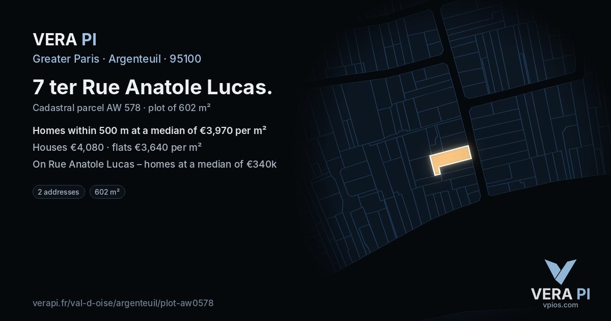 7 ter Rue Anatole Lucas, Argenteuil at night – the plot lit, the parcels around coloured by the prices near them