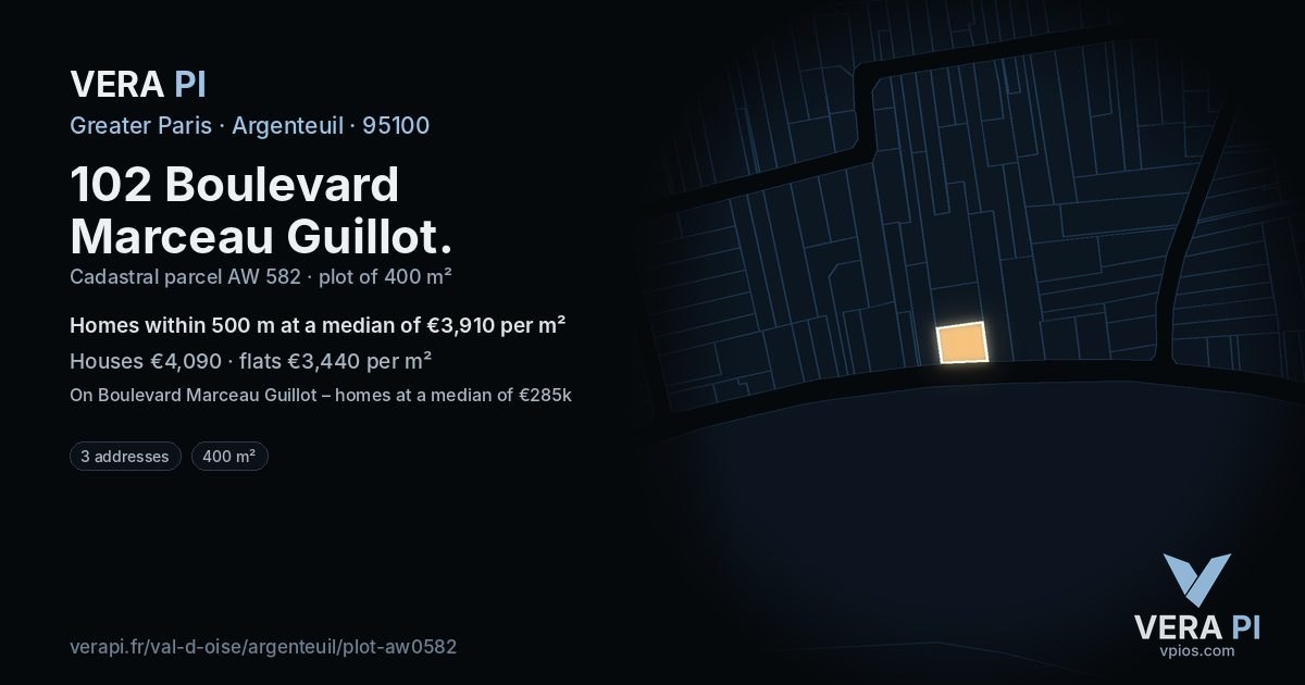 102 Boulevard Marceau Guillot, Argenteuil at night – the plot lit, the parcels around coloured by the prices near them