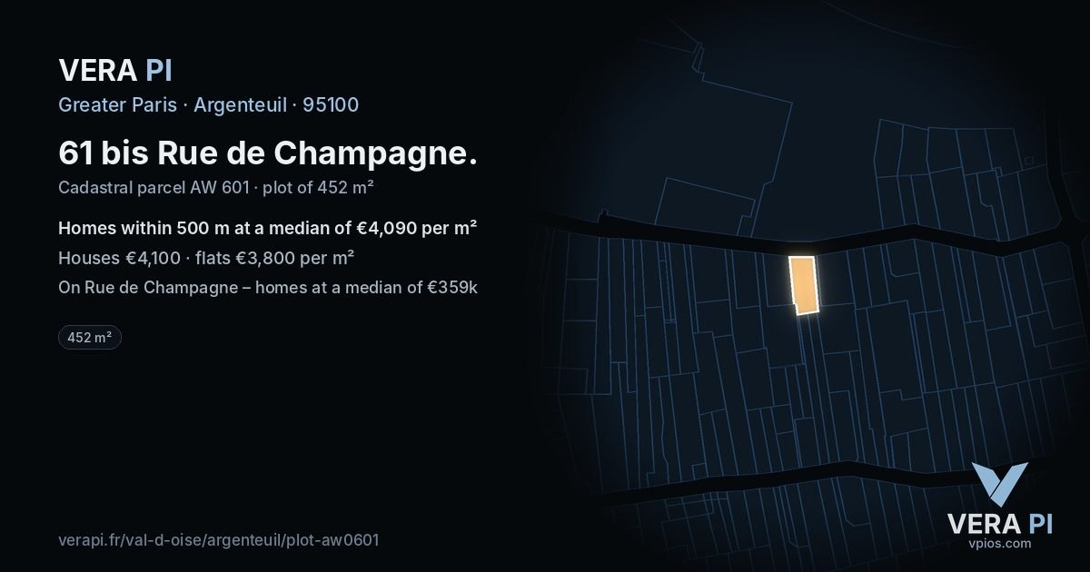 61 bis Rue de Champagne, Argenteuil at night – the plot lit, the parcels around coloured by the prices near them