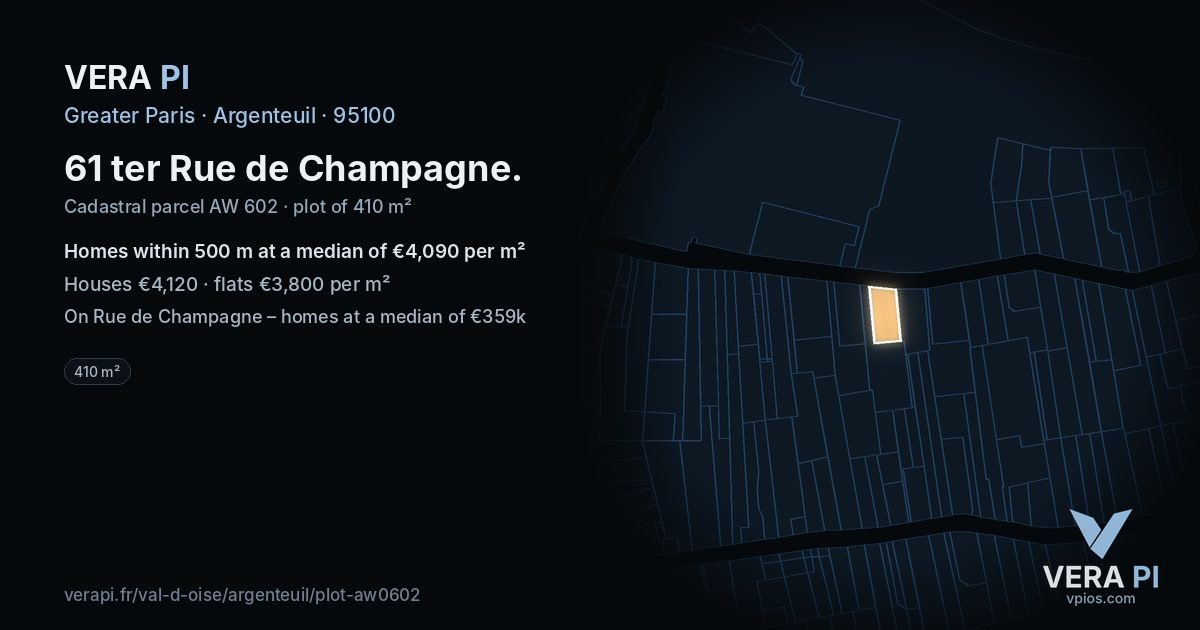 61 ter Rue de Champagne, Argenteuil at night – the plot lit, the parcels around coloured by the prices near them