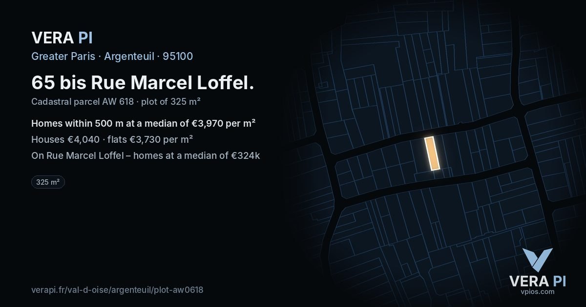 65 bis Rue Marcel Loffel, Argenteuil at night – the plot lit, the parcels around coloured by the prices near them